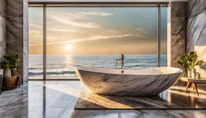Beautiful luxurious bathroom with a bathtub made of marble with large windows overlooking the ocean at sunset