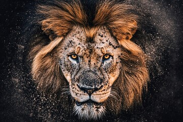Naklejka premium Majestic Close-Up of a Lion's Face Displaying Intense Gaze and Vibrant Fur, Surrounded by Dusty Particles, Capturing the Beauty of Wildlife