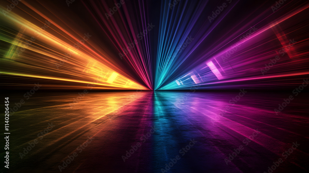 Poster sci fy neon multicolored glowing rays in a dark hall. reflections on the floor and walls. empty back