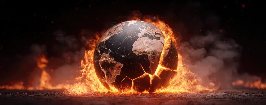 greenhouse gas emissions  carbon dioxide  global warming Burning globe surrounded by flames and smoke, symbolizing destruction and climate crisis.