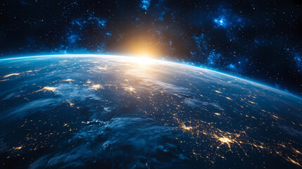 In the sky, an airplane is flying over the earth.