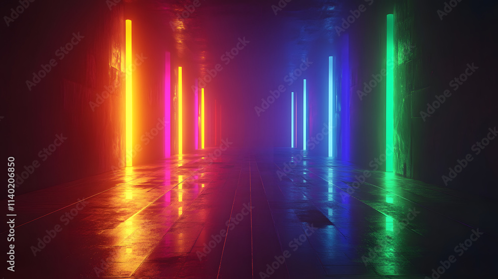 Poster sci fy neon multicolored glowing rays in a dark hall. reflections on the floor and walls. empty back