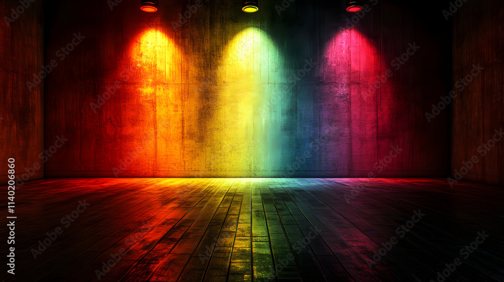 Poster sci fy neon multicolored glowing rays in a dark hall. reflections on the floor and walls. empty back