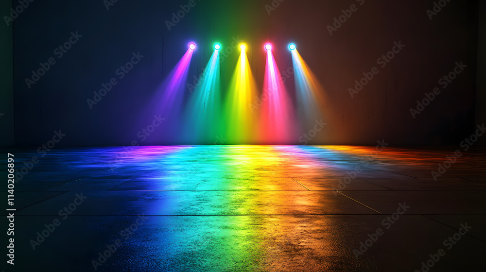 Poster sci fy neon multicolored glowing rays in a dark hall. reflections on the floor and walls. empty back