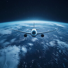 Fototapeta premium In the sky, an airplane is flying over the earth.