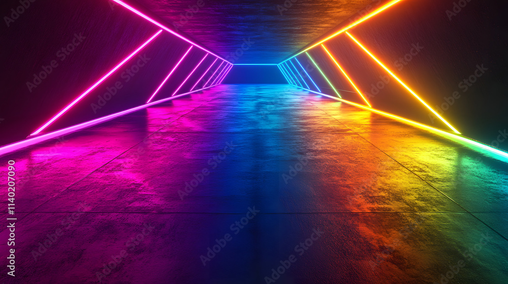 Poster sci fy neon multicolored glowing rays in a dark hall. reflections on the floor and walls. empty back