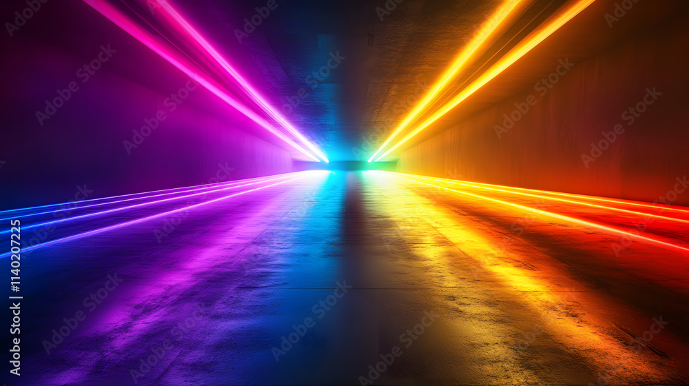 Poster sci fy neon multicolored glowing rays in a dark hall. reflections on the floor and walls. empty back