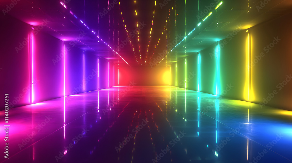 Poster sci fy neon multicolored glowing rays in a dark hall. reflections on the floor and walls. empty back