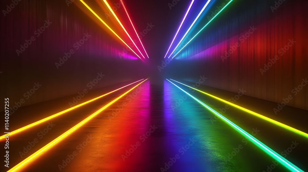 Poster sci fy neon multicolored glowing rays in a dark hall. reflections on the floor and walls. empty back