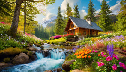 Obraz premium Beautiful small little wooden cabin in the woods surrounded by rivers, waterfalls, flowers and trees background