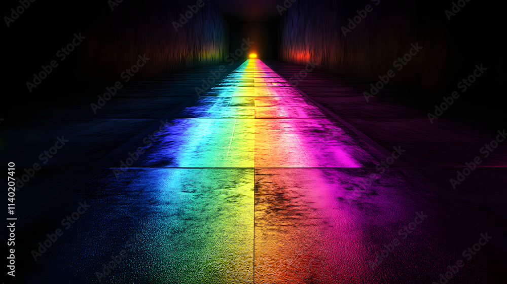Poster sci fy neon multicolored glowing rays in a dark hall. reflections on the floor and walls. empty back