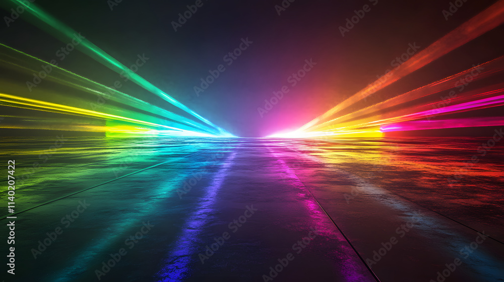 Poster sci fy neon multicolored glowing rays in a dark hall. reflections on the floor and walls. empty back
