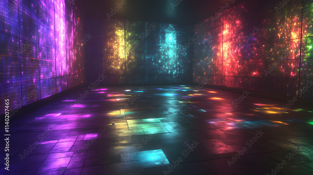 Poster sci fy neon multicolored glowing rays in a dark hall. reflections on the floor and walls. empty back