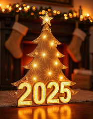 Christmas tree decorated with toys and star. 2025 year greeting card design