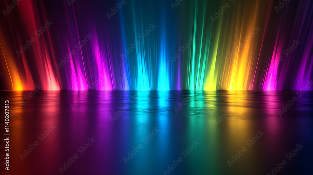 Poster 
Sci Fy neon multicolored glowing rays in a dark hall. Reflections on the floor and walls. Empty background in the center. 3d rendering image. Techology futuristic background.
