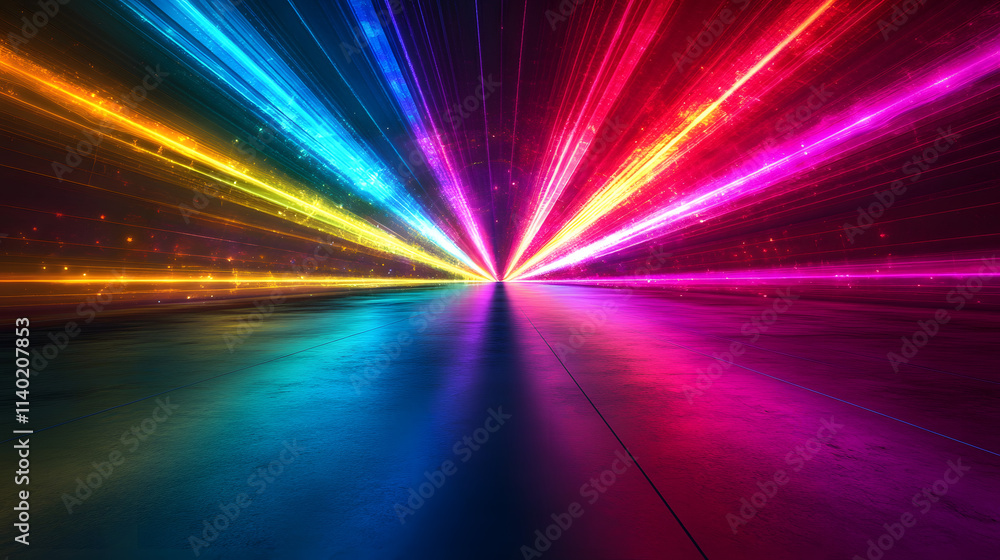 Poster sci fy neon multicolored glowing rays in a dark hall. reflections on the floor and walls. empty back