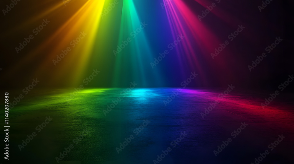 Poster sci fy neon multicolored glowing rays in a dark hall. reflections on the floor and walls. empty back