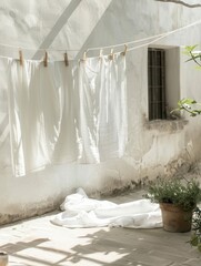 Freshly washed linen hanging on a clothesline in a sunlit courtyard on a warm afternoon. Generative AI