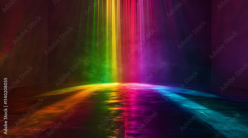 Poster sci fy neon multicolored glowing rays in a dark hall. reflections on the floor and walls. empty back