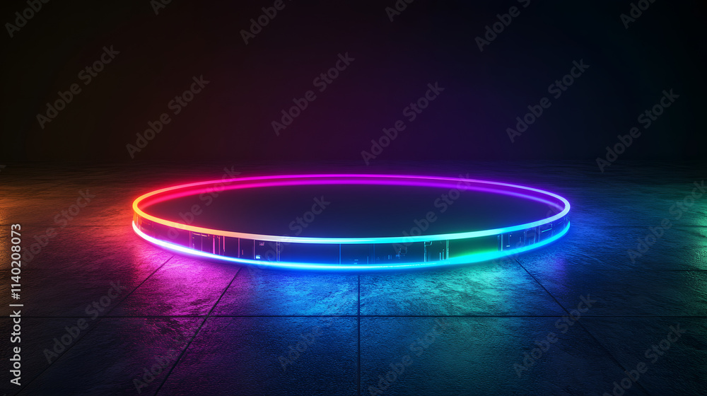 Poster sci fy neon multicolored glowing rays in a dark hall. reflections on the floor and walls. empty back