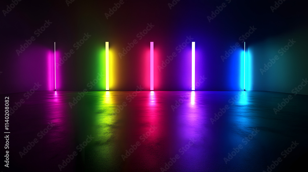 Poster sci fy neon multicolored glowing rays in a dark hall. reflections on the floor and walls. empty back