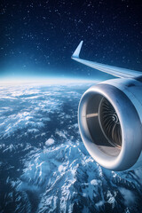 In the sky, an airplane is flying over the earth.