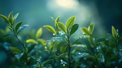 Obraz premium 47.Fresh green tea buds on Camellia sinensis plants in an organic farm; vibrant, dewy leaves illuminated by early morning light with layers of tea bushes leading up to hazy mountain peaks, evoking a