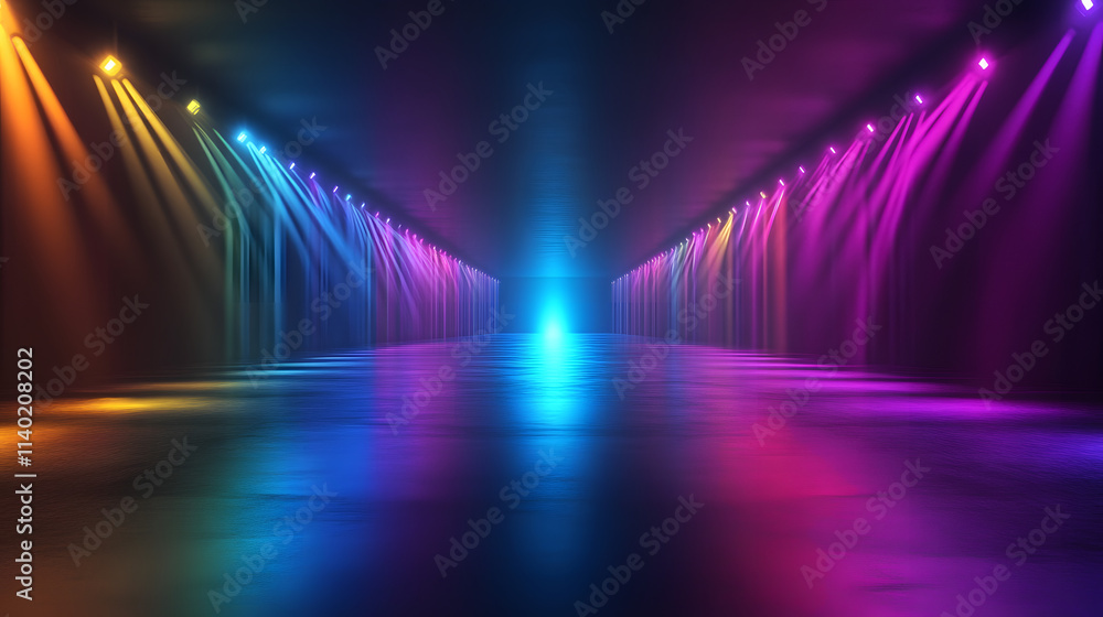 Poster sci fy neon multicolored glowing rays in a dark hall. reflections on the floor and walls. empty back