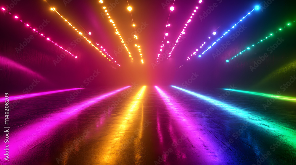 Aufkleber sci fy neon multicolored glowing rays in a dark hall. reflections on the floor and walls. empty back