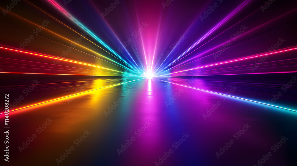 Poster 
Sci Fy neon multicolored glowing rays in a dark hall. Reflections on the floor and walls. Empty background in the center. 3d rendering image. Techology futuristic background.