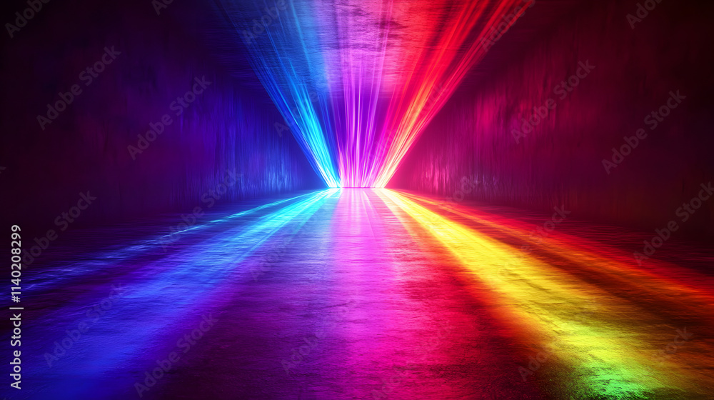 Poster sci fy neon multicolored glowing rays in a dark hall. reflections on the floor and walls. empty back