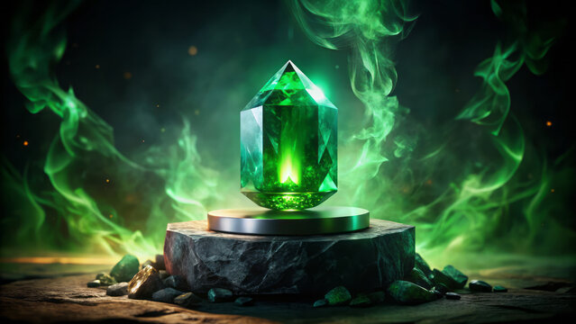 shimmering emerald gemstone radiates vibrant green hues, surrounded by mystical smoke and rocks, creating enchanting atmosphere
