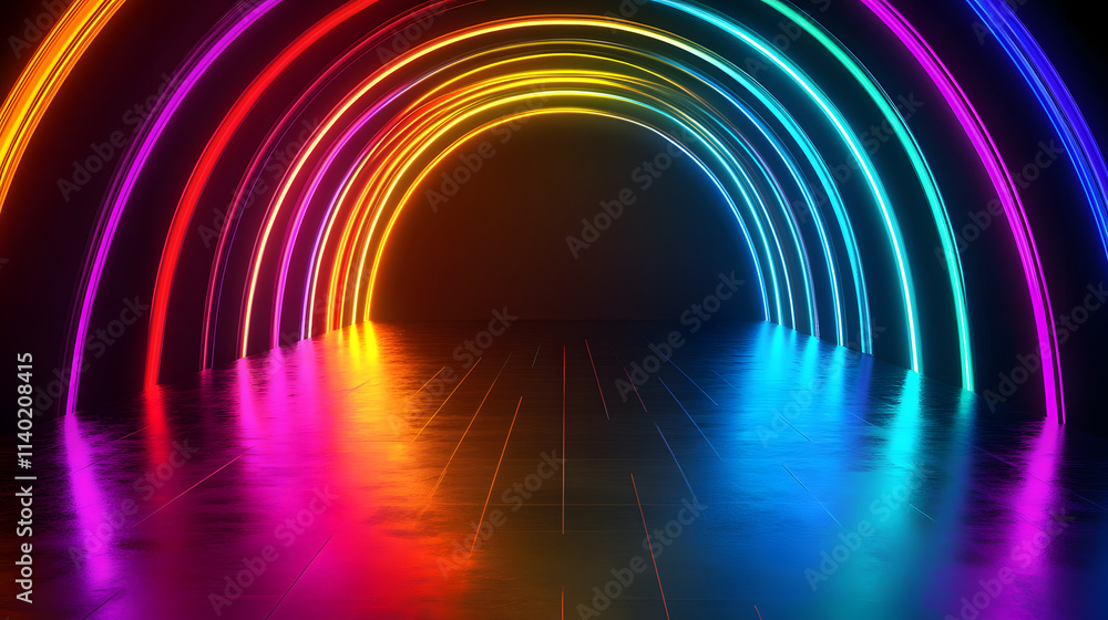 Poster sci fy neon multicolored glowing rays in a dark hall. reflections on the floor and walls. empty back