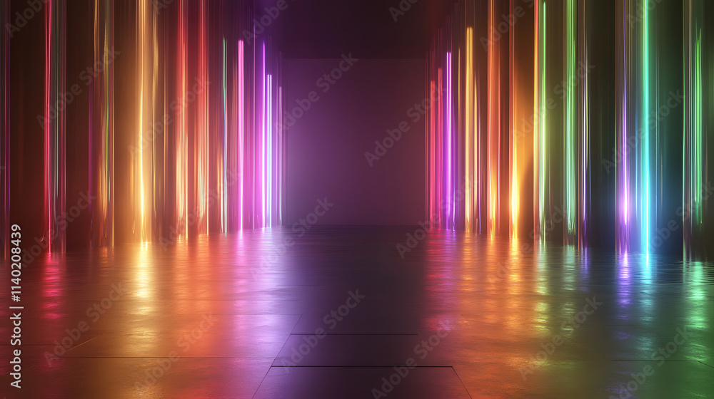 Poster sci fy neon multicolored glowing rays in a dark hall. reflections on the floor and walls. empty back