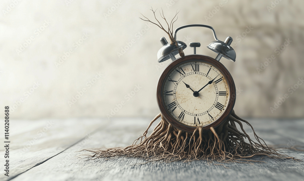 Aufkleber the impact of global warming on time a surreal clock with roots indoor setting artistic visual conce