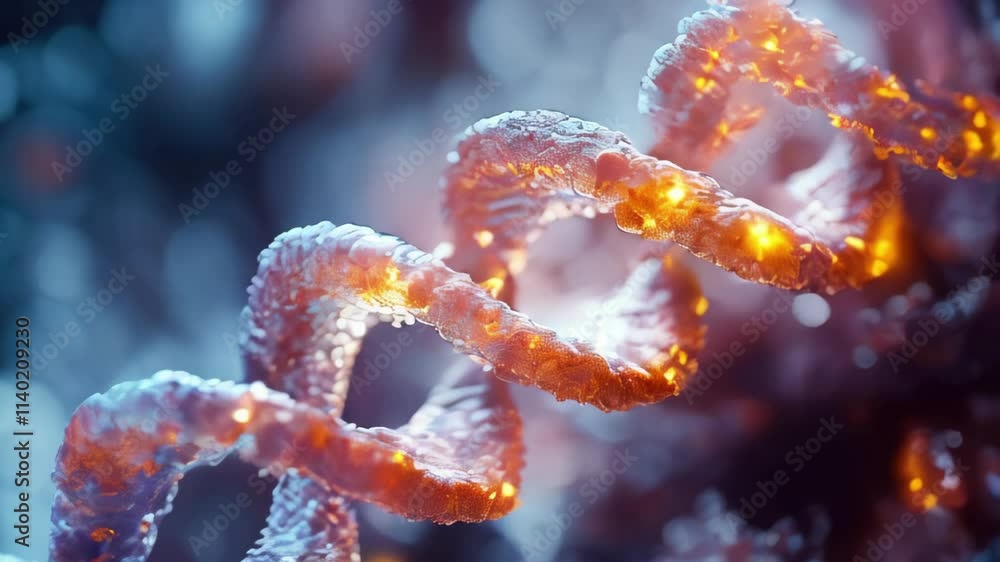 Poster the double helix of dna. the spiral is presented in pink and orange tones, creating a sense of depth