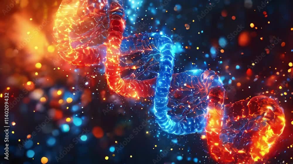 Poster the double helix of dna. the spiral is presented in blue and orange tones, creating a sense of depth