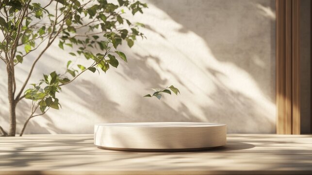 91.Minimalist mockup with a clean, round podium set on a natural wood surface; soft natural light and a simple background in neutral tones create an elegant display space for showcasing tea products