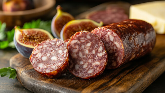 Enjoying lukanka sausage, cheese, and figs on a charcuterie board