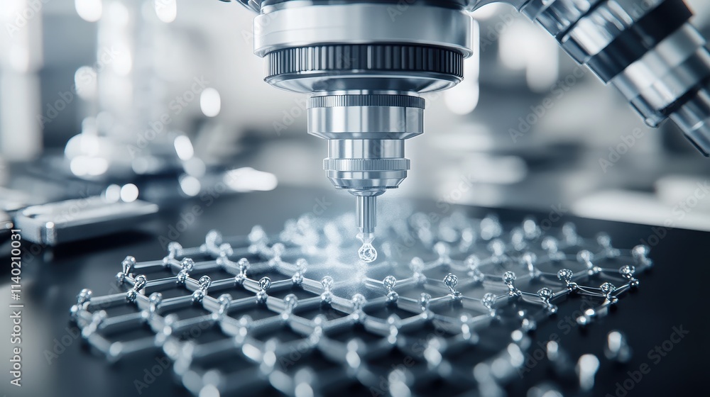 Poster close-up of a microscope examining a molecular structure.