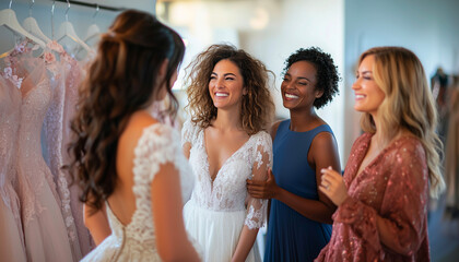 Bride, friends and women in wedding dress, shop or boutique with smile, happy and bride. Dress, shopping and diverse group with preparation, marriage or fashion for event, engagement