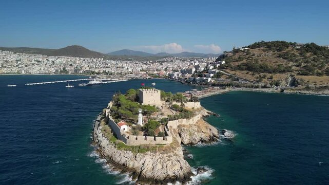 Kusadasi Pigeon Island historical castle G&uuml;vercinada  Kuşadası aerial v2
