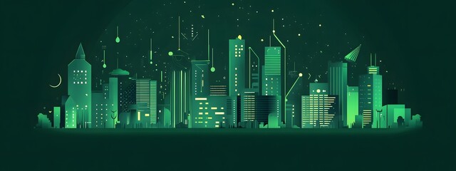Green city with sustainable energy, a flat vector illustration on a green background.