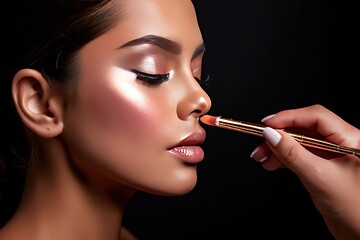 Obraz premium 8 a woman applying a shimmery rose gold blush to the high points