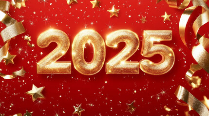Golden numbers 2025 on festive red background with stars and ribbons, celebrating New Year with joy and excitement