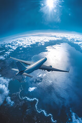 Fototapeta premium In the sky, an airplane is flying over the earth.