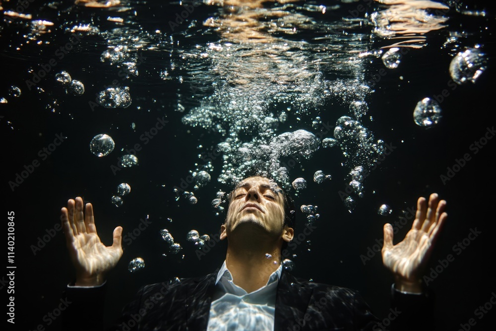 Poster man submerged in water with bubbles surrounding him in a dark environment
