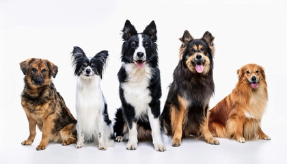 Cute little dogs, different breeds and colors in a studio lined up in a row with a white studio background