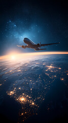 Naklejka premium In the sky, an airplane is flying over the earth.