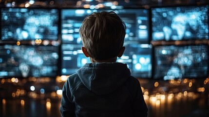 Child Dressed Cybersecurity Analyst Monitoring Network Security Multiple Screens Symbolizing Next Generation Digital Defenders Empowered Protect Systems from Emerging Cyber Threats Risks